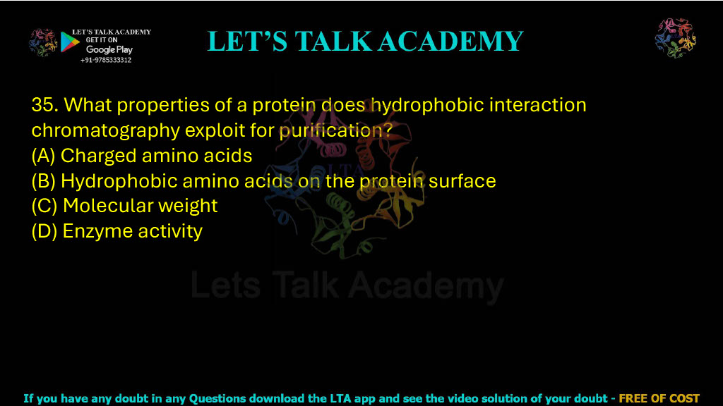 35. What properties of a protein does hydrophobic interaction chromatography exploit for purification? A. Charged amino acids B. Hydrophobic amino acids on the protein surface C. Molecular weight D. Enzyme activity
