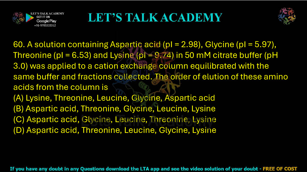 60. A solution containing Aspartic acid (pI = 2.98), Glycine (pI = 5.97), Threonine (pI = 6.53) and Lysine (pI = 9.74) in 50 mM citrate buffer (pH 3.0) was applied to a cation exchange column equilibrated with the same buffer and fractions collected. The order of elution of these amino acids from the column is: A. Lysine, Threonine, Leucine, Glycine, Aspartic acid B. Aspartic acid, Threonine, Glycine, Leucine, Lysine C. Aspartic acid, Glycine, Leucine, Threonine, Lysine D. Aspartic acid, Threonine, Leucine, Glycine, Lysine