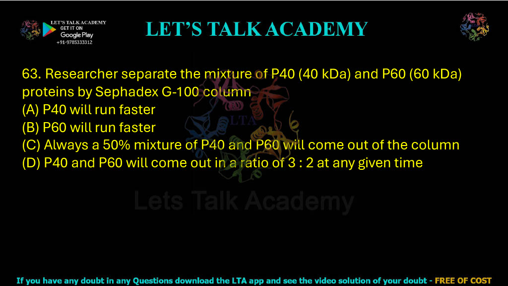 63. A researcher separates the tm of P40 (40 kDa) from a mixture of proteins P-60 (60 kDa) using a Sephadex G-100 column. A. P40 will run faster B. P60 will run faster C. Always a 50% mixture of P40 and P60 will come out of the column D. P40 and P60 will come out in a ratio of 3:2 at any given time
