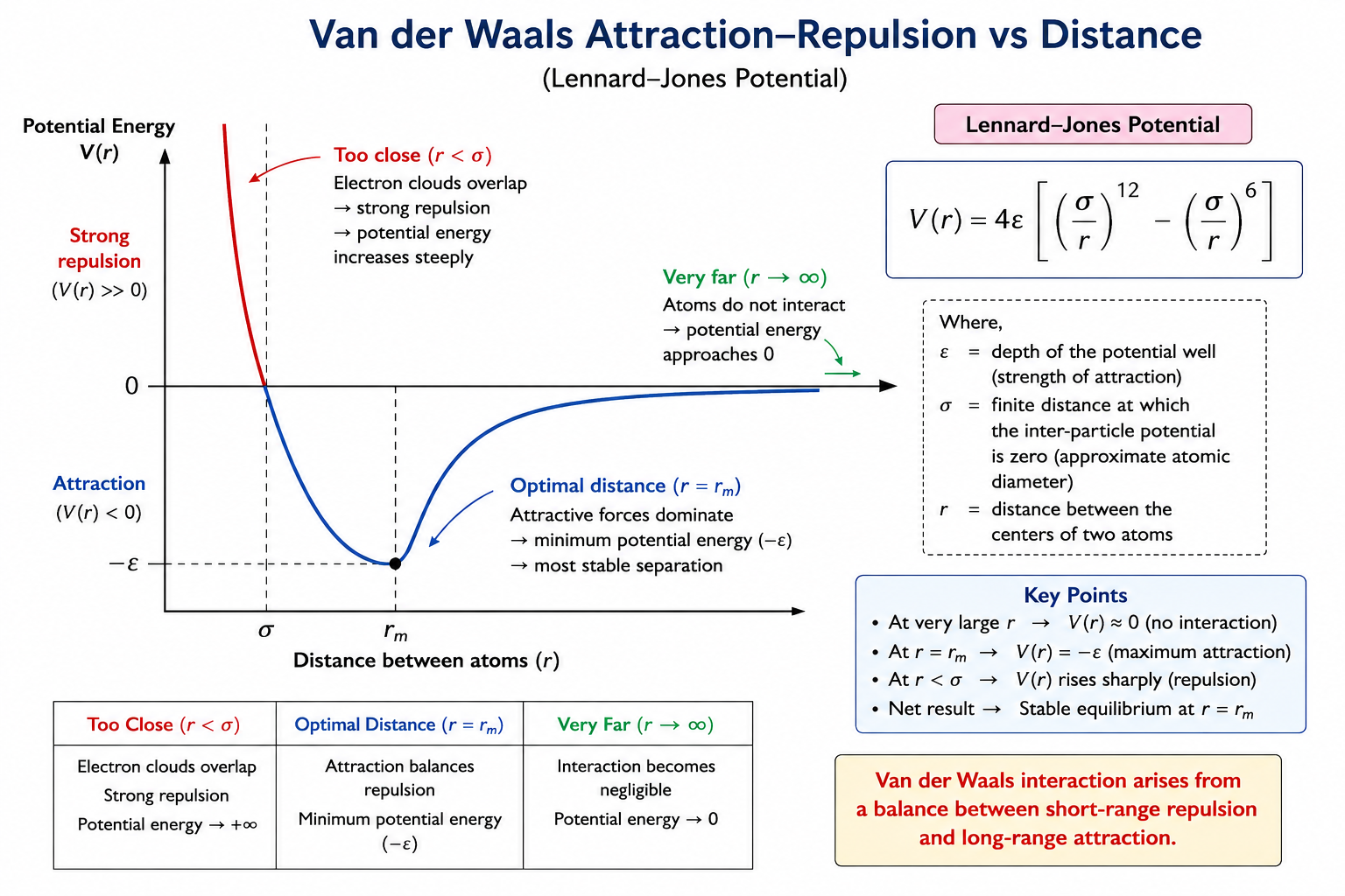 Van der Waals Attraction–Repulsion vs Distance